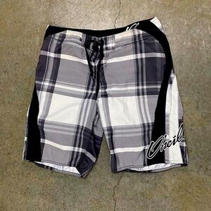 O'Neill Black and Gray Plaid Board Shorts EUC